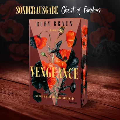 "Vengeance: Academy of Dream Analysis" von Ruby Braun mit exklusiven Farbschnitt von Giessel Design - Band 1 der Romantasy-Reihe.