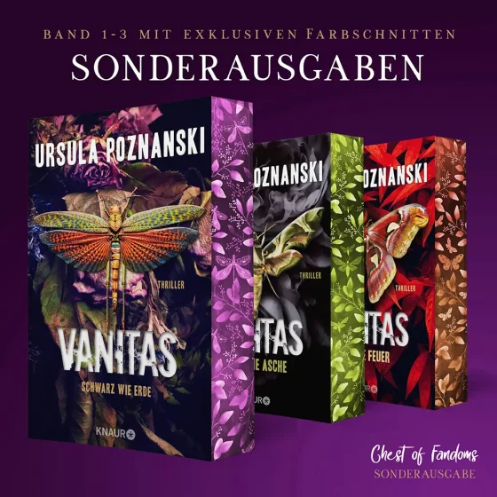 Das "Vanitas" - Set beinhaltet folgende Bücher: "Schwarz wie Erde", "Grau wie Asche" und "Rot wie Feuer" von Ursula Poznanski. 🥀